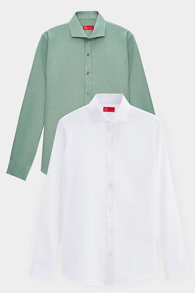 D'S Damat Ds Groom Slim Fit Green/White Italian Collar Easy-Iron 2-Piece Shirt