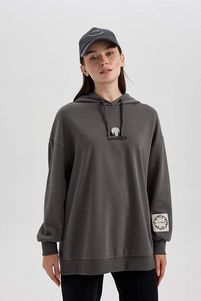 DeFacto Regular Fit Hooded Embroidered Soft Fur Inside Thick Sweatshirt Tunic B0707Ax23Wn