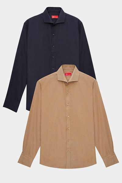 D'S Damat Ds Damat Slim Fit Navy Blue/Brown Italian Collar Easy-Iron 2-Piece Shirt