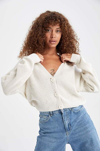 DeFacto Regular Fit V-Neck Basic Plain Buttoned Knitwear Cardigan U2052Az23Wn