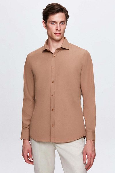 D'S Damat Ds Damat Slim Fit Brown/White Italian Collar Easy-Iron 2-Piece Shirt