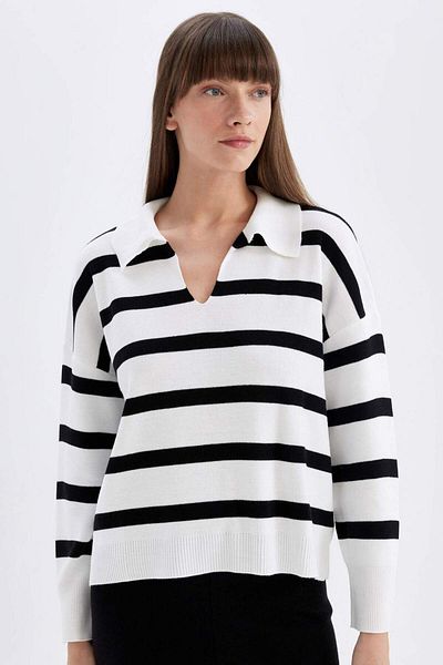 DeFacto Pulover tricotaj cu guler polo Relax Fit cu dungi A3861AX23WN