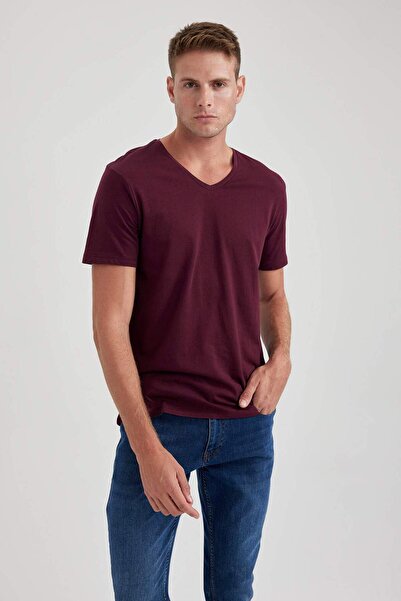 DeFacto 100% pamut Slim Fit karcsúsított V-nyakú rövid ujjú póló B0646AXNS