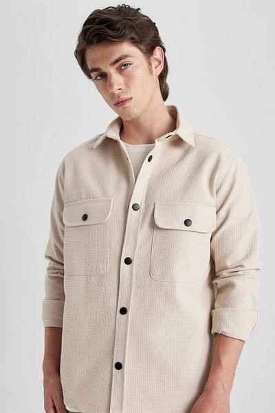 DeFacto Relax Fit Button Collar Waffle Fabric Plain Cotton Blend Long Sleeve Shirt A6872Ax23Au