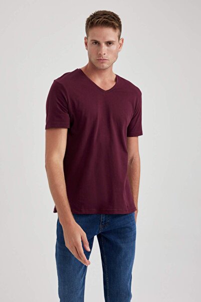 DeFacto 100% pamut Slim Fit karcsúsított V-nyakú rövid ujjú póló B0646AXNS