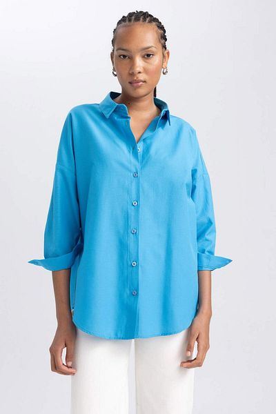 DeFacto Tunica cu mânecă lungă din poplin cu guler cămașă oversize B0659AXNS