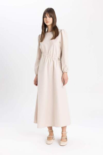 DeFacto Regular Fit Rowerowy Kołnierzyk Basic Prosta Popelina Długie Rękawy Maxi Sukienka A9409AX23AU