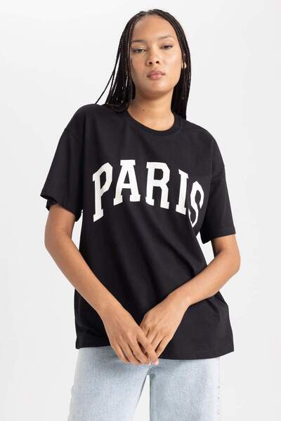 DeFacto Oversize Geniş Kalıp Bisiklet Yaka Kısa Kollu Tişört B0661AXNS