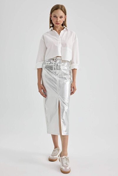 DeFacto Přiléhavá gabardénová midi rozparkovaná metalická sukně B4495AX23AU