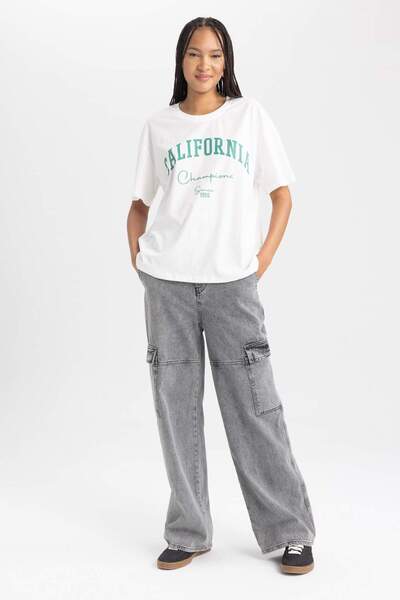 DeFacto Oversize Geniş Kalıp Bisiklet Yaka Kısa Kollu Tişört B0661AXNS