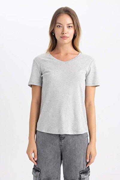 DeFacto Slim Fit Dar Kesim Ribana Kısa Kollu Tişört B0647AXNS