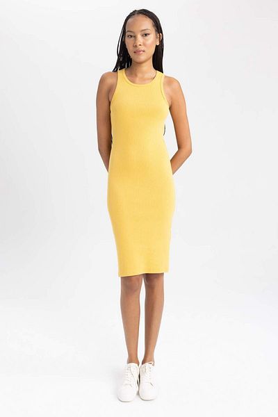 DeFacto Bodycon Body Hugging Halter Neck Rib Sleeveless Midi Dress B0657Axns