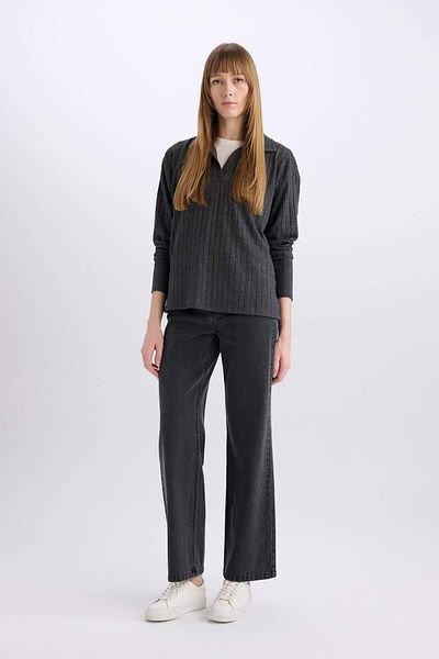 DeFacto Relax Fit Polo Neck Ribbed Camisole Long Sleeve T-Shirt B2404Ax23Au