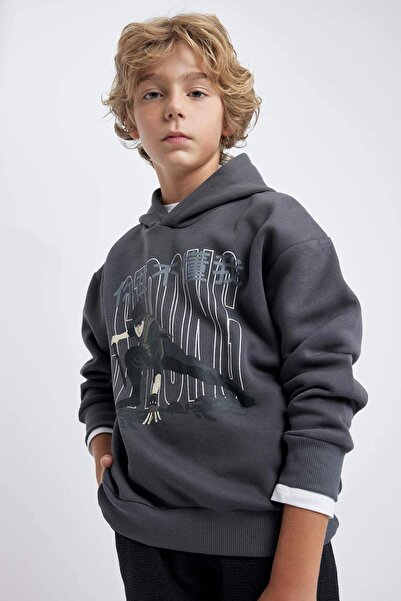 DeFacto Boy's Oversize Wide Fit Hooded Printed Thick Sweatshirt A8632A823Wn