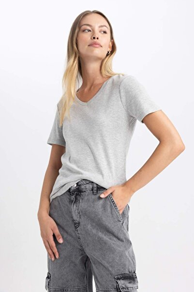 DeFacto Slim Fit Dar Kesim Ribana Kısa Kollu Tişört B0647AXNS