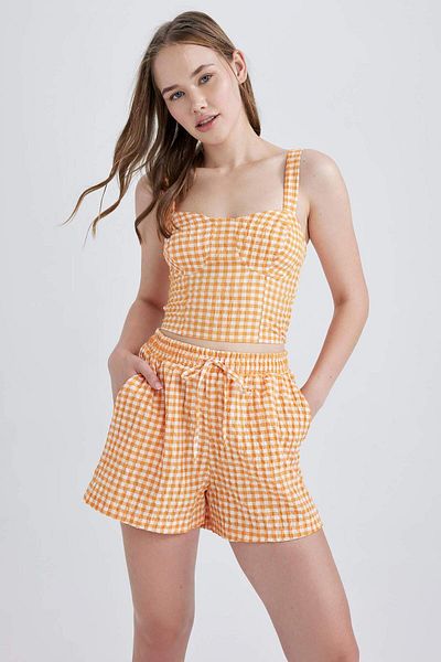 DeFacto Cool Heart Collar Gingham Crinkle Strap Blouse B1856Ax23Hs