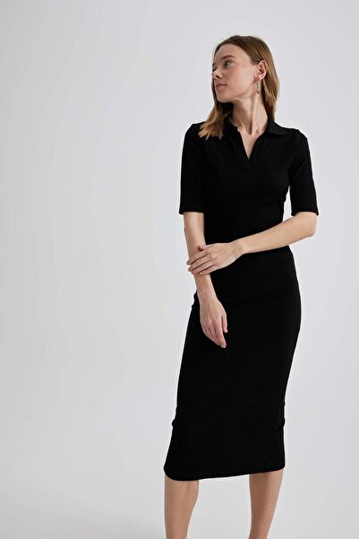 DeFacto Bodycon Polo Neck Bodycon Basic Plain Ribbed Camisole Short Sleeve Midi Dress A2096Ax23Sp