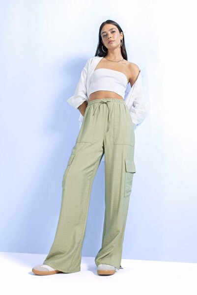 DeFacto Baggy Pants Wide Leg Elastic Waist Lace-Up Wide Loose Leg with Pockets High Waist Long Length Leg Ripped