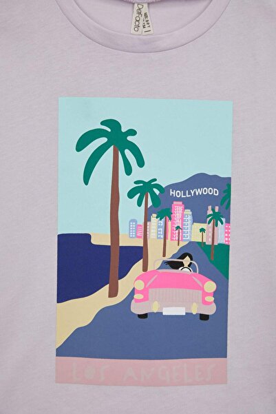 DeFacto Dziewczęca koszulka oversize z nadrukiem i krótkim rękawem A1780A823HS