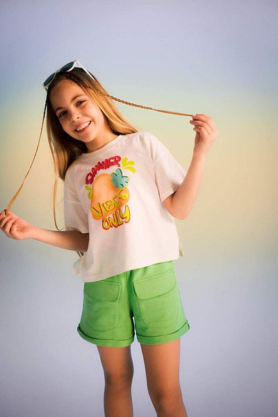 DeFacto Girls' Crop Printed Short Sleeve T-Shirt A1758A823Hs