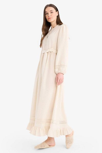 DeFacto Regular Fit Judge Collar Belted Linen Blend Long Sleeve Dress A6647Ax23Sm