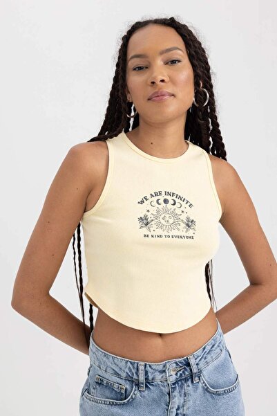 DeFacto Fitted Baskılı Bisiklet Yaka Fitilli Kaşkorse Yıkamalı Soluk Efektli Atlet B1297AX23HS