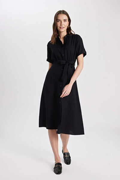 DeFacto Shirt Collar Linen Look Short Sleeve Midi Dress U6943Az23Sm