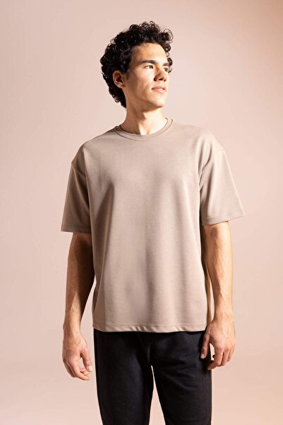 DeFacto Oversize φαρδύ λαιμόκοψη με κοντό μανίκι Basic μονόχρωμο βαρύ υφασμάτινο μπλουζάκι X3926AZ23SP