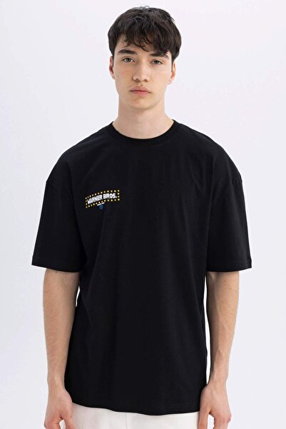 DeFacto 100% βαμβάκι Warner Bros 100th Anniversary Comfort Regular Fit Άνετη εφαρμογή Crew Neck με στάμπα στην πλάτη κοντό μανίκι