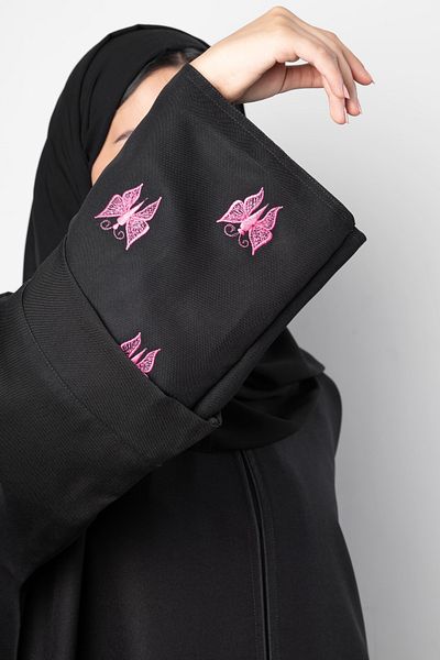 outline Pink Butterfly Embroidery Abaya - Renew your abaya
