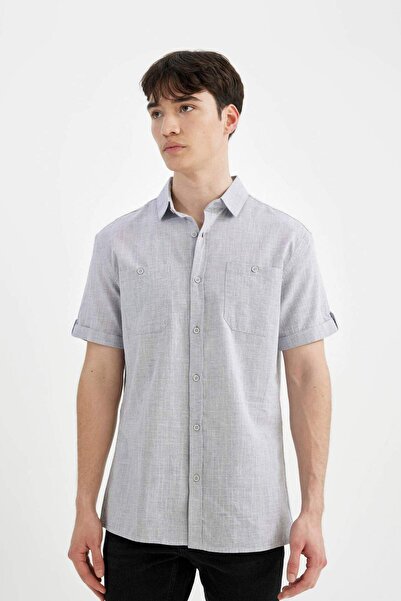 DeFacto Slim Fit Dar Kesim Polo Yaka Keten Görünümlü Kısa Kollu Gömlek N9073AZ23SM