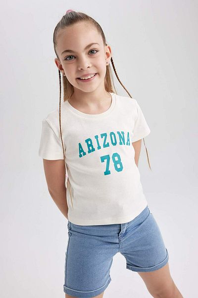 DeFacto Girls Slim Fit Rib Printed Short Sleeve T-Shirt Z7793A623Sm