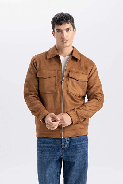 DeFacto Slim Fit Polo Yaka Fermuar Kapamalı Cep Detaylı Mevsimlik Süet Mont Ceket Y5362AZ23SP
