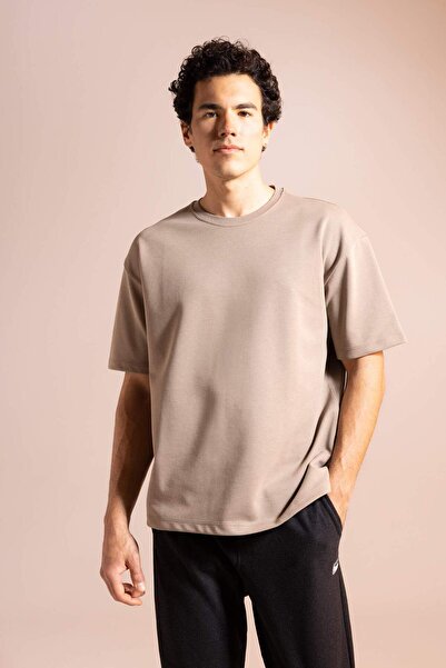 DeFacto Oversize φαρδύ λαιμόκοψη με κοντό μανίκι Basic μονόχρωμο βαρύ υφασμάτινο μπλουζάκι X3926AZ23SP