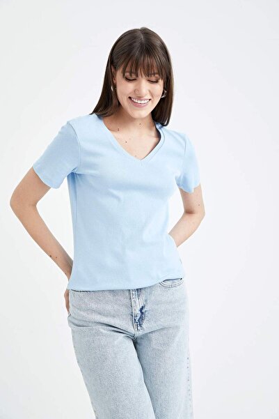DeFacto Slim Fit Dar Kesim V Yaka Ribana Basic Düz %100 Pamuk Kısa Kollu Tişört I1080AZ23SM
