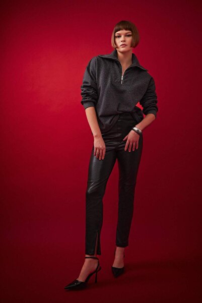 DeFacto Faux Leather Basic Plain Zipper Leg High Waist Leggings V4703Az22Wn