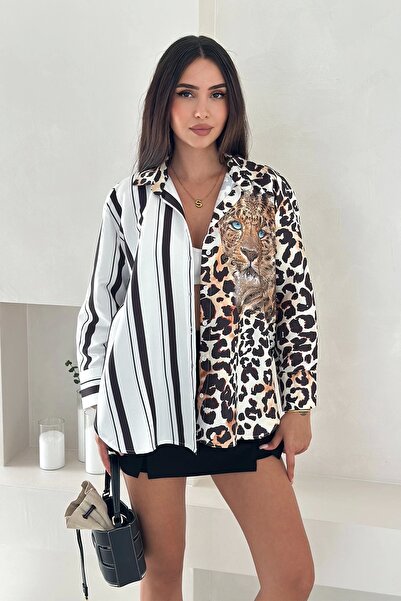 AsprinFashion Πουκάμισο με στάμπα λεοπάρ και μισό ριγέ σχέδιο