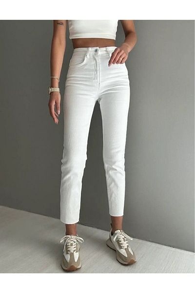 JAXEN Mona Women's White Lycra Mom Jeans Denim Trousers