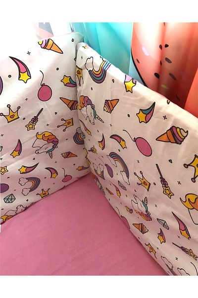 Bebek Özel Pink Unicorn Patterned 50X90 Crib Side Protection - for Baby and Child (4 Pieces)