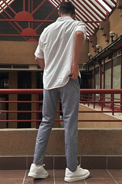 inpool Men's Linen Look Elastic Waist Woven Trousers - Standard Fit, Lace-up 216-2