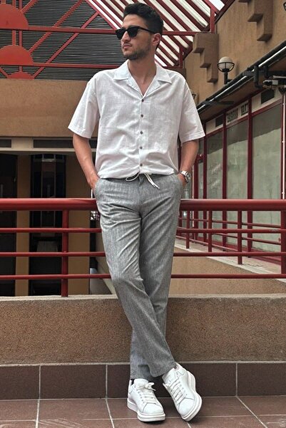 inpool Men's Linen Look Elastic Waist Woven Trousers - Standard Fit, Lace-up 216-2