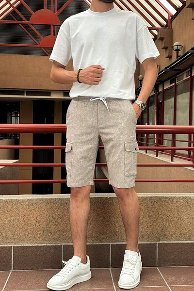 inpool Men's - Cargo Pocket Cotton Linen Shorts with Elastic Waist, Lace-up - 24INP287