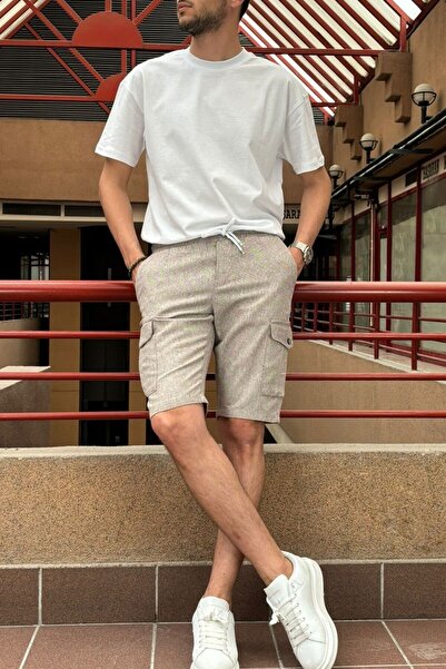 inpool Ανδρικό - Βαμβακερό λινό σορτς Cargo Pocket με ελαστική μέση, κορδόνι - 24INP287