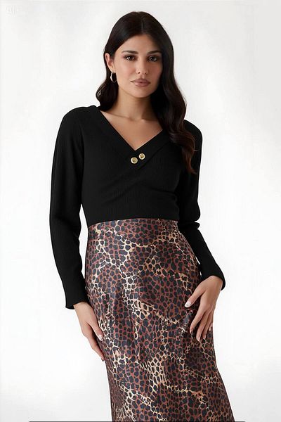 hazelin Women's Brown Leopard Patterned Satin Finished Elastic Waist Midi Length Skirt Hzl23s-bd1101471