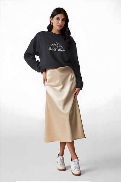 hazelin Women's Cream Satin Surface Elastic Waist Midi Length Skirt Hzl23s-bd1101471