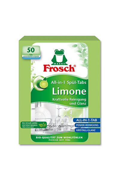 Frosch All‑in‑1 Yeşil Limon Bulaşık Makinesi Tabletleri – 50 Adet, Güçlü Temi...