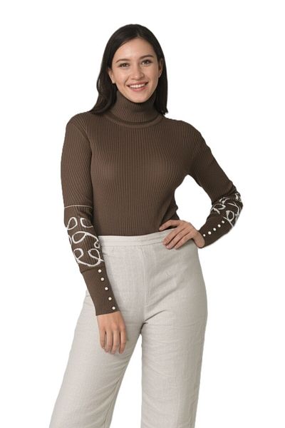 Oppland Women's Winter Sleeves Stylish Beaded Full Turtle Collar Fitted Knitted Knitwear Badi Sweater