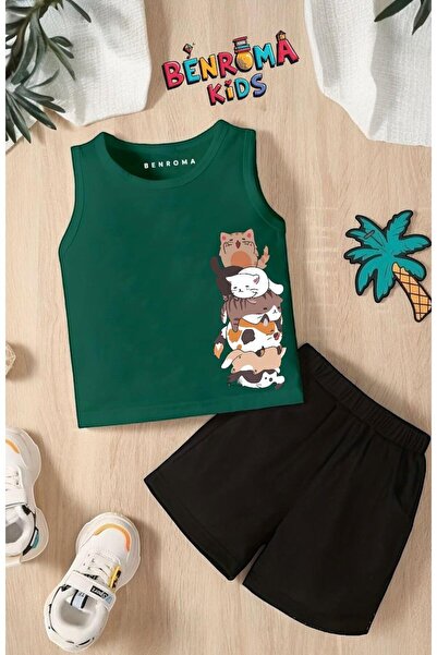 BENROMA Cats Overlap Printed Shorts Tee Unisex Children's Set