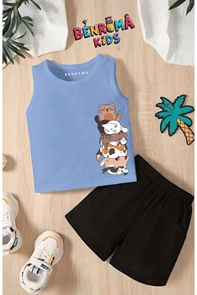 BENROMA SET UNISEX PENTRU COPILI CU TRIUC SHORT IMPRIMAT OVERLAPED CATS