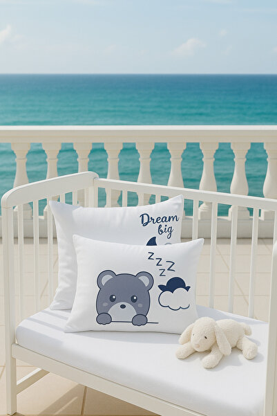İzgi Concept Premium Teddy Bear Patterned Baby Pillowcase Set | 2 Pieces | Navy Blue White | 35X45Cm | 100% Cotton